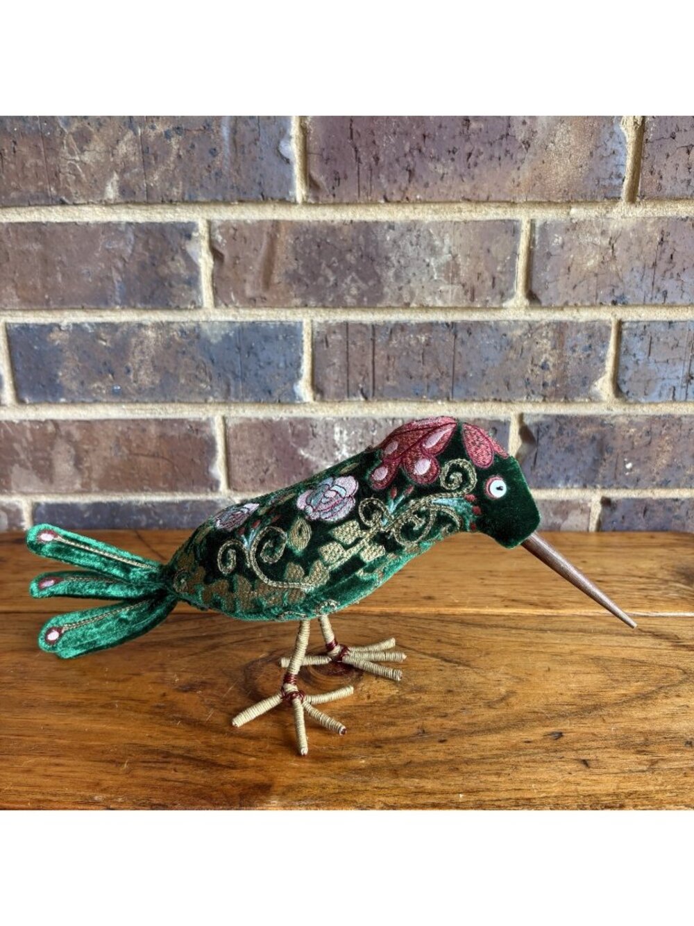 Anke Drechsel Kingfisher Embroidered Velvet Bird Figurine Green Floral Decor